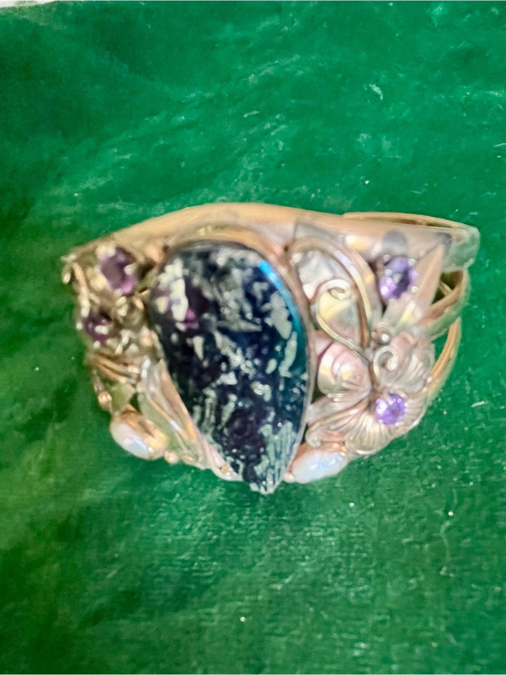 Gold Filled Rose Floral Cuff Bracelet navy stone freshwater pearls, amethyst